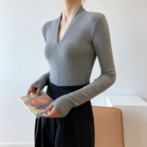 Alisa.Sonya Womens V-Neck Long Sleeve 100% Cotton Knit Tunic Top - Casual Slim Fit Blouse Soft Solid T-Shirt Undershirt for Fall Layering