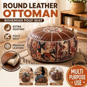Boho Pattern PU Leather Round Storage Ottoman Pouf Cover Fillable Large Opening Decor Footstool