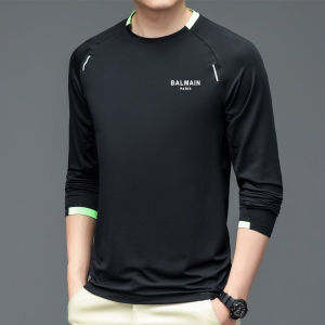Original BALMAINˉPARIS Round Neck Long-sleeved Mens Spring and Autumn New Fashion Simple Solid Color Versatile Breathable Quick-drying Medium and Young Peoples Slip Top