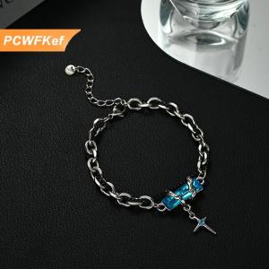 【PCWFKef】 เครื่องประดับแฟชั่นประดับพลอยเพทายรูปดาวสวยงามสำหรับผู้หญิงผู้ชายสร้อยข้อมือแบบพังก์สีเงินประดับโซ่ปรับได้