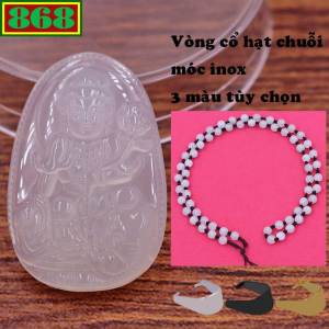 Mặt dây chuyền Phật Phổ hiền mã não trắng 2.2 x 3.6cm 2.9 x 4.5cm kèm vòng cổ hạt chuỗi đá trắng + móc inox Phật bản mệnh