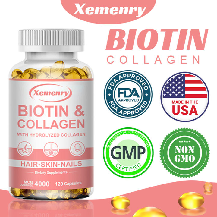 Xemenry Biotin & Collagen 4000 mcg Capsules for Hair, Skin, Nails - Natural Anti-Aging Supplement, Non-GMO, Gluten-Free, 120 Capsules
