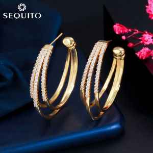 SEQUITO Simple Punk Triple Open Circle Earing Jewelry for Women Trendy Cubic Zircon C Shape Big Loop Hoop Earrings SE359