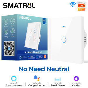 SMATRUL Smart Light Switch NO Neutral Wire NeededTuya APP 2.4 GHz WiFi Switch White 1/2/3/4 gang Tempered Glass Touch Panel Touch Wall Mount Switches Works for Alexa/Google Home/天猫精灵