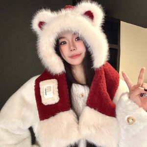 NBANLIKE Cartoon Winter Plush Hat Anti-cold 2 IN 1 Bear Scarf Hat Cute Soft Ear Protection Cap Women