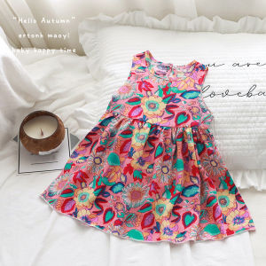 AILEBE Kids Dresses Sleeveless A-Line Dress With Front Snap Easy On Off Lotus Leaf Ruffle Cuffs Cute Cartoon Print Soft Cotton-Blend Summer Wear OOTD Pambahay For Baby Girls 0-12 Years Perfect For Daily