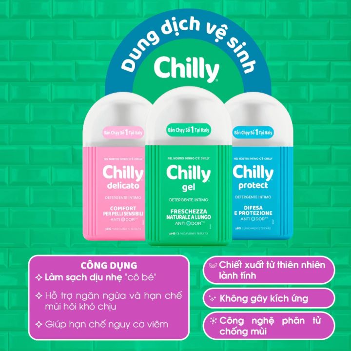Dung dịch vệ sinh phụ nữ Chilly 200ML Made in Italy - làm sạch , dưỡng ẩm ngăn mùi hiệu quả SHC