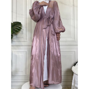 MISYELIA long outer kasual abaya shimmer silk free belt model lengan balon