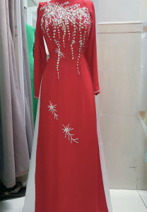 áo dài dự tiệc cưới hỏi màu đỏ tươi Cổ cao y hình ảnh thật 100%