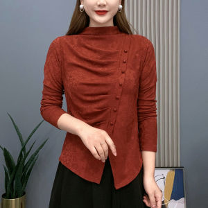 สไตล์จีนย้อนยุค jacquard แขนยาวผู้หญิงแฟชั่นจีบแม่สวมใส่ฤดูหนาวกำมะหยี่ warm Bottoming เสื้อ