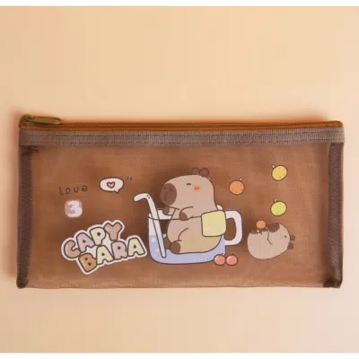 BAG ENTER TP89 Pouch Tempat Pensil Jaring Transparan Brown Capybara A6 21 x 11 cm Zipper Pencil Cosmetic Bag
