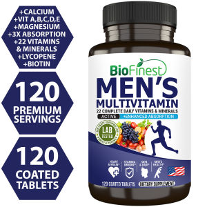 Biofinest Men’s Multivitamin Multimineral Supplement - Vitamins A C E D K B1 B2 B3 B5 B6 B12 Magnesium Biotin Calcium Zinc Selenium Lycopene - Brain Heart Joint Bone Skin Hair Nails Immune Energy - One a Day Antioxidant Superfood - Made in USA (120 Coated
