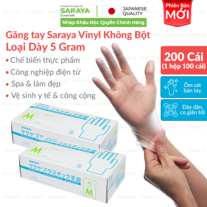 [COMBO 2 HỘP 200 CÁI] Găng tay Saraya Vinyl không bột trong suốt công việc nhẹ chế biến thực phẩm LOẠI MỎNG 4 GRAM