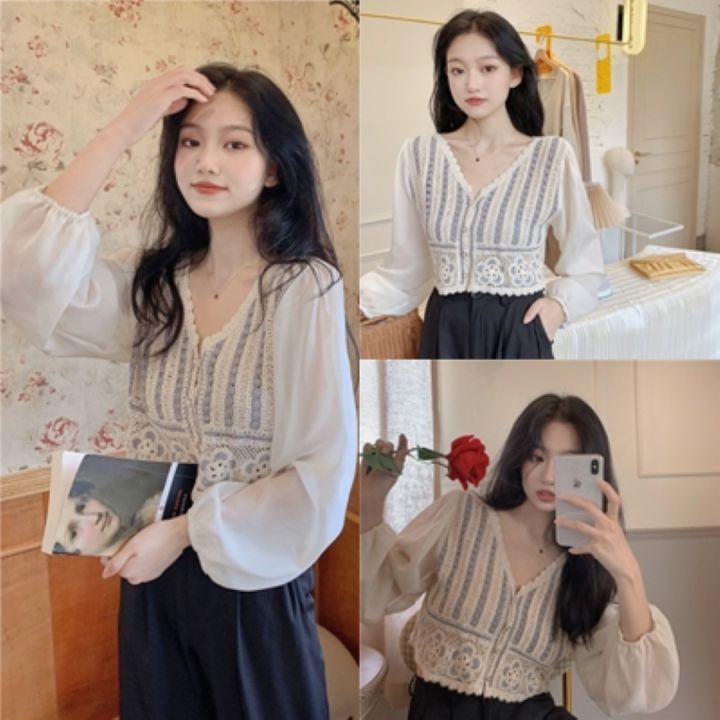 🚨FC พร้อมส่ง🚨เสื้อแฟชั่นไหมพรมแขนยาวจั๊ม คอวี ชายเสื้อถักดอกไม้ มี 2 สี ...