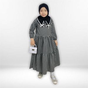 Gamis Anak Perempuan Kotak Polka Dot NonYFashion dengan Pita Elegan 165