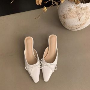 Feminine Pointed Toe Shallow Bow Bow Shoes With Empty Back Toe Cap