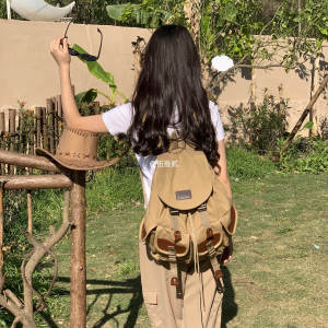 《801》Mountain Camping Style Denim Casual Parka Khaki Backpack Large Capacity Hiking Backpack Outdoor Sports Mens and Womens Schoolbag