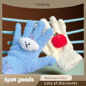 Heabety Fashion Cute Curly Dog Red Apple Gloves Plush Coral Fleece Cold-Proof Gloves Student Winter Warm Five-Finger Gloves Girl Christmas Gifts