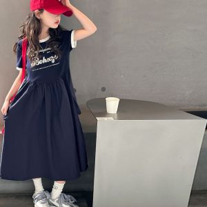 RF studio girls summer foreign style skirt 2025 new long dress medium older children princess children letter print splicing dress