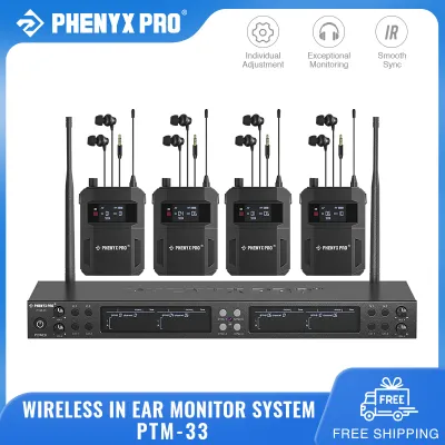 Phenyx Pro PTM-33 Wireless in Ear Monitor System Quad-Channel Mono Wireless IEM System Metal IEM 4 Bodypacks 4x25 UHF Frequencies Rack Mount 164ft Range Mono Deisgn for Studio/Band