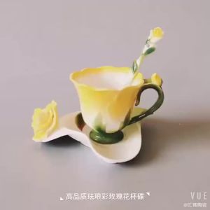 Creative Fashion 3D Rose Shape Flower Enamel Ceramic Tea Cup Saucer Spoon Set Porcelain Elegant Coffee Mug Valentine Day Gift