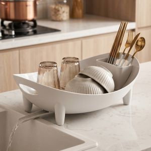 SOPHIAN Large Capacity Oval Shaped Drainer Drainage Plastic Bowl Utensil Holder Practical Space Saving Dish Drying Rack for Kitchen
