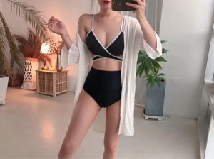 [KIỂU MỚI + FORM CHUẨN] Set bikini 2 mảnh áo hai dây đen viền trắng cột eo mix quần lưng cao đen