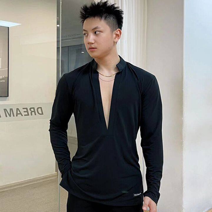 Ready Stock Men Latin Dance Tops Black Long Sleeves V Neck