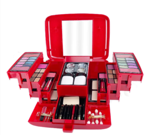 Makeup Kits multi-compartment makeup kit with mirror eyeshadow palettes lipsticks brushes and applicators.