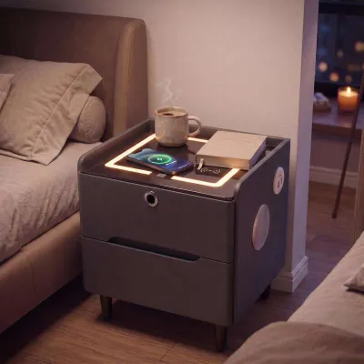Cimison 3-in-1 Smart Nightstand – Wireless Charger LED Ambient Light & Bluetooth Speaker | Tempered Glass Top 2 Type-C + USB No Assembly Required Modern Bedside Table