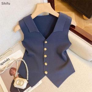[ShiFu] Pháp khí v-cổ đơn ngực không tay mỏng dệt kim vest cho phụ nữ