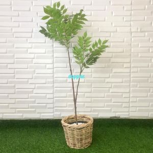 Pohon Artificial Daun Willow X2 Merah & Hijau Semilatex Cover Pot Rotan Bulat Dekorasi Kantor Aesthetic