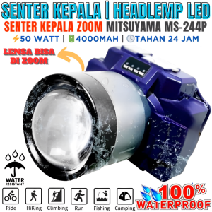 Senter Kepala Led Zoom Mitsuyama Ms-244p Senter Kepala Super Terang Led Body Aluminium Rechargeable Head Lamp | Senter Kepala Led Super Terang Lensa Zoom Laser Mode Mitsuyama Ms-244p 50 Watt | 4000mah | Tahan 24 Jam | Waterproof - Vas