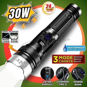 Senter LED Portable Super Terang Tahan 24 Jam 30 Watt Lensa Teleskop Zoom In-Out Bisa PowerBank HUNTER ZXT-911 TG / Senter Tangan Bisa Di Zoom / Senter Bisa PowerBank
