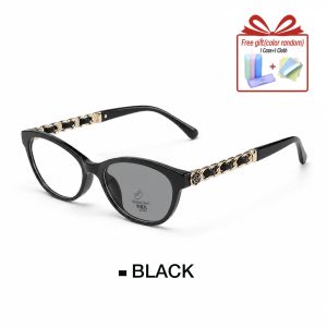 Photochromic Anti-Rad Glasses 0 Degree Cat Eye Fashion Eyeglasses Chain Temple Free Case Cloth