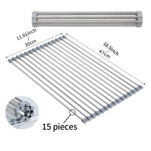 Foldable Sink Drying Rack Stainless Steel Roll Out Dish Drainer Mat Storage for Cups Plates Bowls Kitchen Organizer