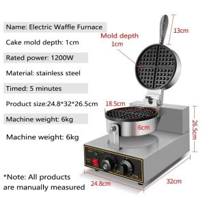 Single Head Electric Waffle Maker Commercial Dual Head Round Belgian Waffle Baker Non Stick 18.5cm Mold 220V Electric Adjustable Temp 50-250°C Stainless Steel Heavy Duty Machine For Tindahan Cafe Street Food Stall