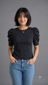 Polka Dot Round Neck Puff sleeve Blouse Ribbed Cotton Womens Top