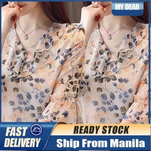 Chiffon Shirt for Women Korean Style Floral Blouse Short-sleeve Shirt