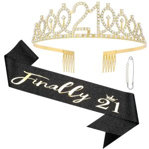 21st Birthday Decorations for Her "Finally 21" Birthday Sash and Rhinestone Crown Tiara Set for Girls 21st Birthday Gifts for Happy 21st Birthday Party Favor Supplies (silver)