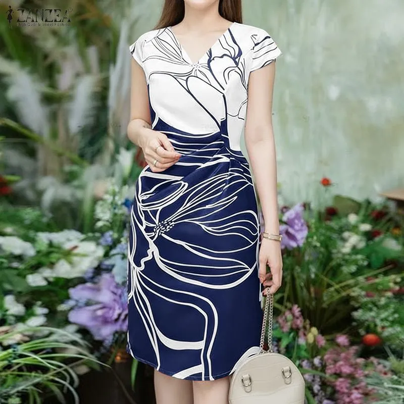 korean knee length dresses V Neck Dress ZANZEA Style Women Trendy V-Neck Pleated Print Short abito nero