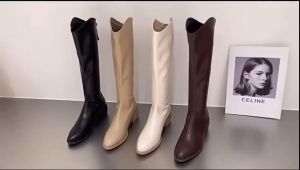 Womens Pointed Toe Boots With Low Heel Casual Zipper V-neck Knee High Boots