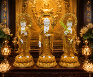 Bộ tôn tượng 3 vị Phật Tây Phương Tam Thánh cao 30cm chất liệu bột đá hàng cao cấp Việt Nam