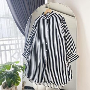 Tunik Kemeja Wanita Lengan Panjang Setripe Salur Putih Bahan Rayon Adem Garis Garis