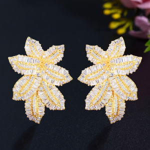 SEQUITO Luxury Bridal Dress Accessories Full Micro Pave AAAAA Cubic Zirconia Yellow Gold Plated Wedding Banquet Flower Leaf Big Sparkling Stud Earrings with 925 Silver Ear Pins SE657