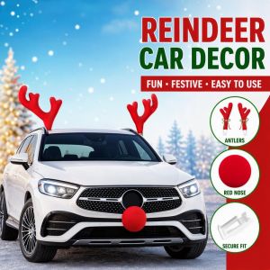 Christmas Fabric Reindeer Antlers Red Nose Car Decoration Set Easy Install Festive Ornaments