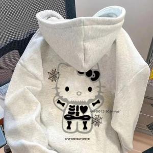 Anime New Kawaii Hello Kitty Casual Hoodies Pullover Autumn Winter White Harajuku Oversized Cartoon Women Men Sweatshirts Tops