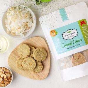 คุกกี้คลีนเจ มะพร้าว (Coconut Cashew Healthy Cookies) ไร้แป้ง ไร้น้ำตาล ธัญพืชเยอะ แคลอรี่ต่ำ สูตรเจ จาก Lydia&Samit