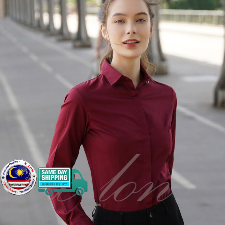 X_LON Premium Quality Formal Maroon Women Shirt Long Sleeve 酒红