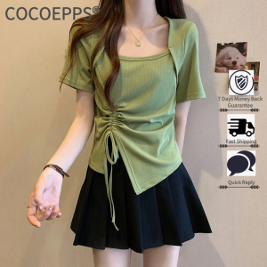 Cocoepps thiết kế phá cách cổ áo vuông Áo phông ngắn tay quần áo mùa hè nữ chị em mũm mĩm mới kích thước lớn dây rút Áo xếp li